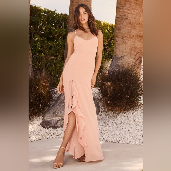 Lulus Luxurious Love Blush Lace Up Maxi Dress. Out of stock. - Picture 1 of 5